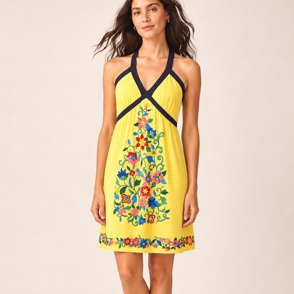 INC Womens Floral Embroidered Halter Dress Medium Boho Summer Yellow Sun Dress